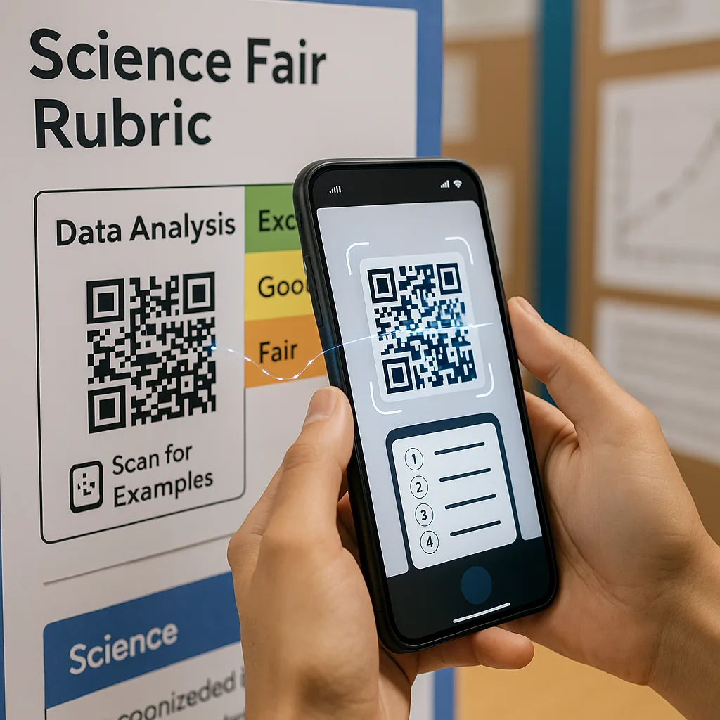 A close-up shot of hands holding a smartphone scanning a QR code on a large science fair rubric poster. The poster section visible shows “Data Analysis” criteria color-coded performance levels in A close-up shot of hands holding a smartphone scanning a QR code on a large science fair rubric poster. The poster section visible shows "Data Analysis" criteria color-coded performance levels in