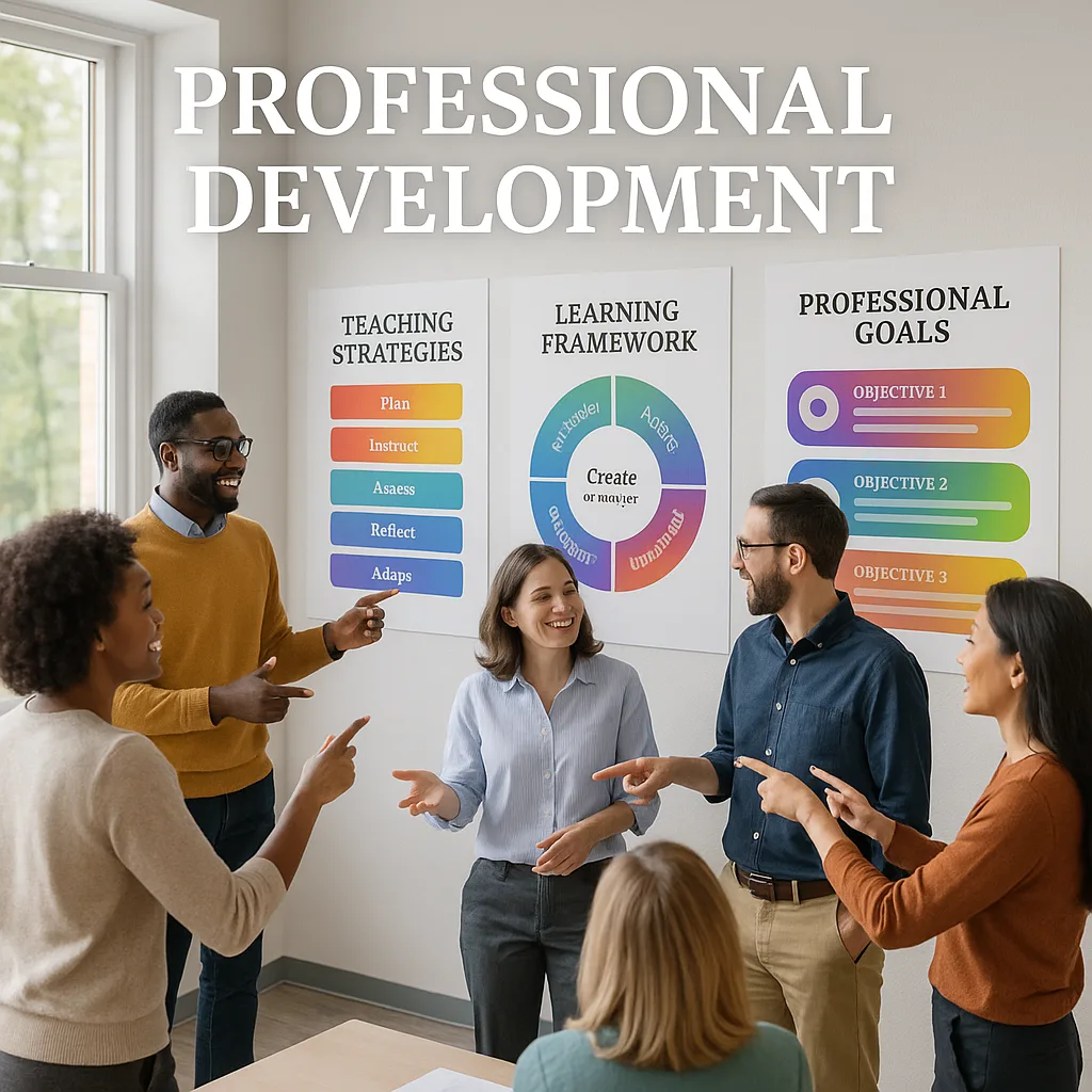 A bright, hero image a school training room teachers actively engaged around large colorful development posters on the walls. Include a diverse group of 5-6 educators collaborating, pointing at