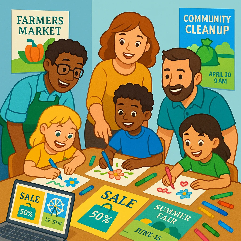A cheerful scene elementary students and local business owners collaborating on poster designs at a large table. Children are drawing and coloring while adults guide them, sample posters visible A cheerful scene elementary students and local business owners collaborating on poster designs at a large table. Children are drawing and coloring while adults guide them, sample posters visible