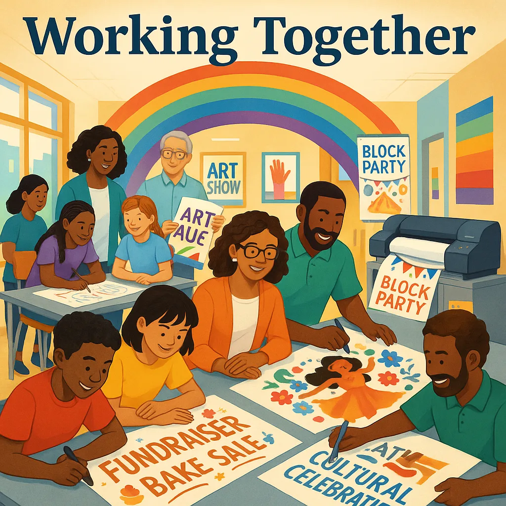 A vibrant, Merriweather-font decorated collage diverse groups of students, teachers, and community members working together on large poster designs in a bright, school setting. Include visible
