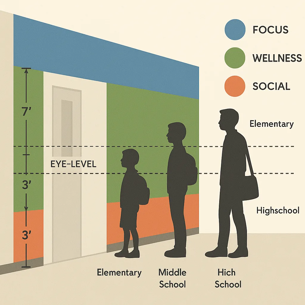An infographic-style illustration a side view of a school hallway color-coded zones marked for different psychological impacts. Show silhouettes of students at different heights (elementary, An infographic-style illustration a side view of a school hallway color-coded zones marked for different psychological impacts. Show silhouettes of students at different heights (elementary,