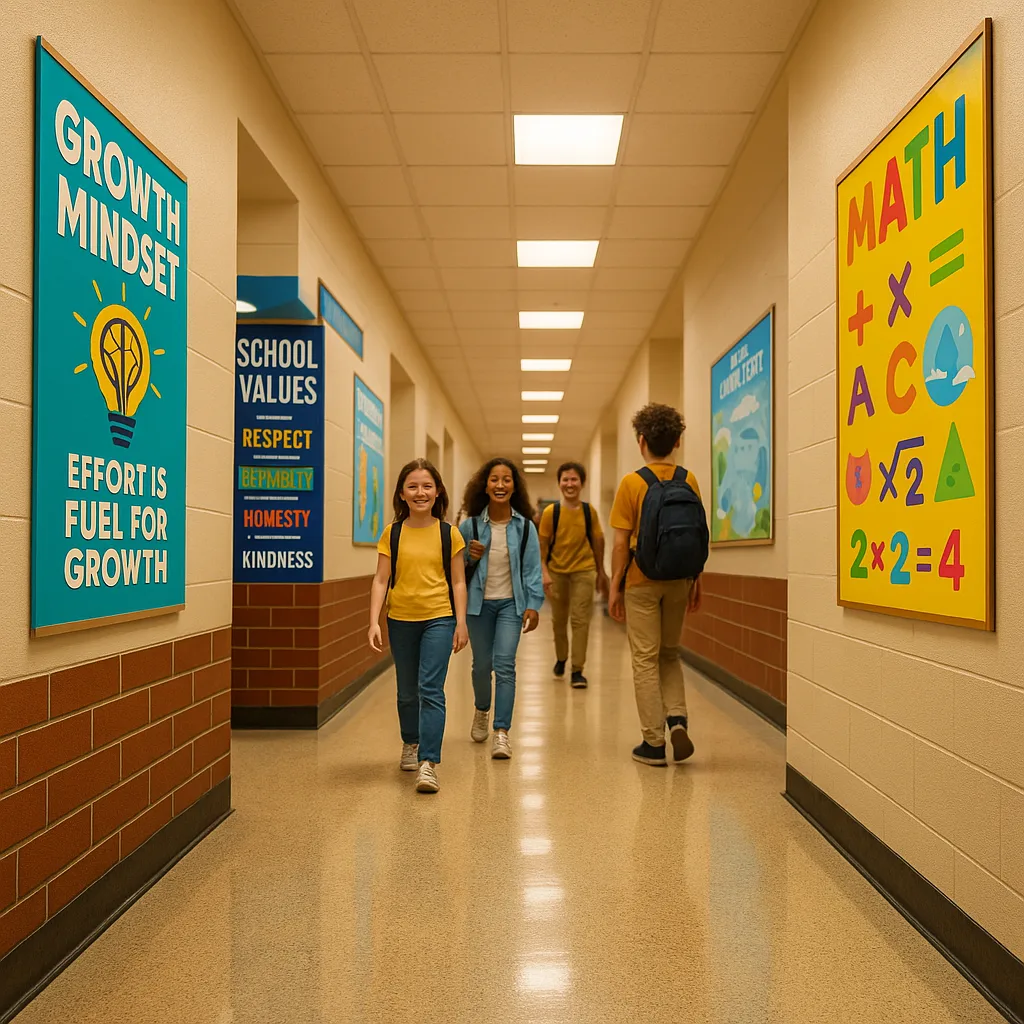 A vibrant, well-lit school hallway photographed from a low angle perspective, colorful educational posters strategically placed at various heights along both walls. The hallway should feature warm