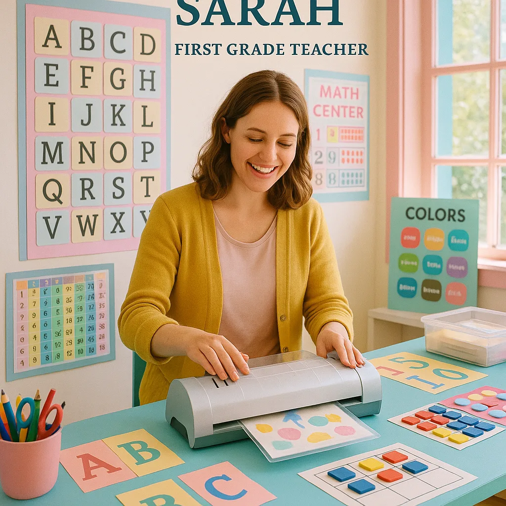 A bright, cheerful first-grade classroom scene a young female teacher (Sarah) enthusiastically using a laminating machine at a colorful work station. Multiple laminated educational materials are