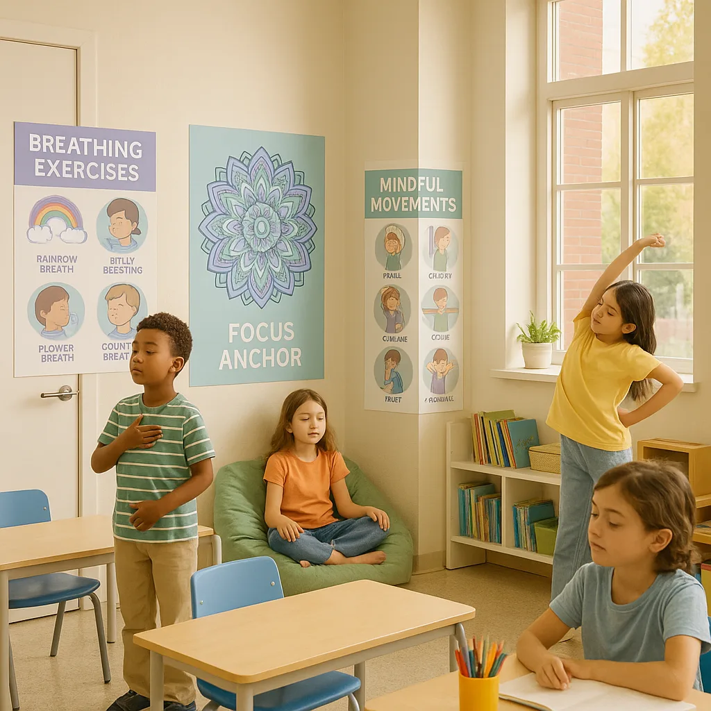 A elementary classroom various mindfulness posters strategically placed around the room. Include a large geometric mandala focus anchor poster near the reading corner, breathing pattern guides by Classroom with calming mindfulness posters