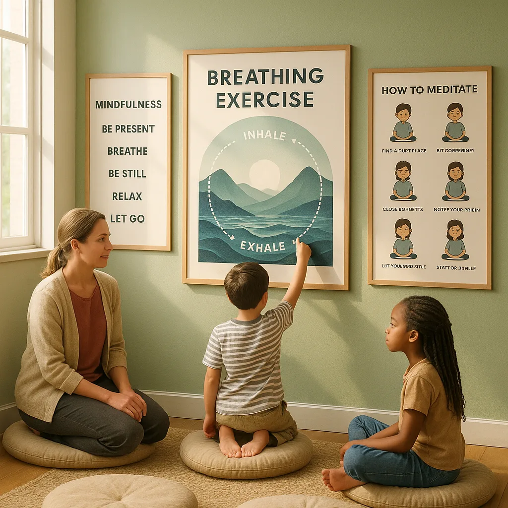 A serene classroom corner large-format mindfulness posters on soft green walls. The main focal point is a beautiful breathing exercise poster a nature scene mountains and waves, overlay graphics