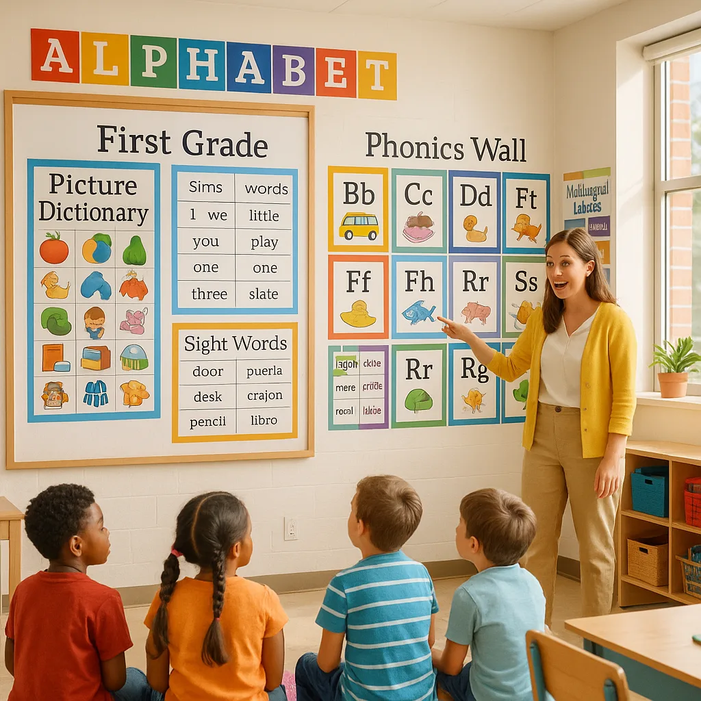 A bright, cheerful first-grade classroom colorful visual vocabulary walls covering every available space. Large poster-sized picture dictionaries displaying words illustrations. A young teacher