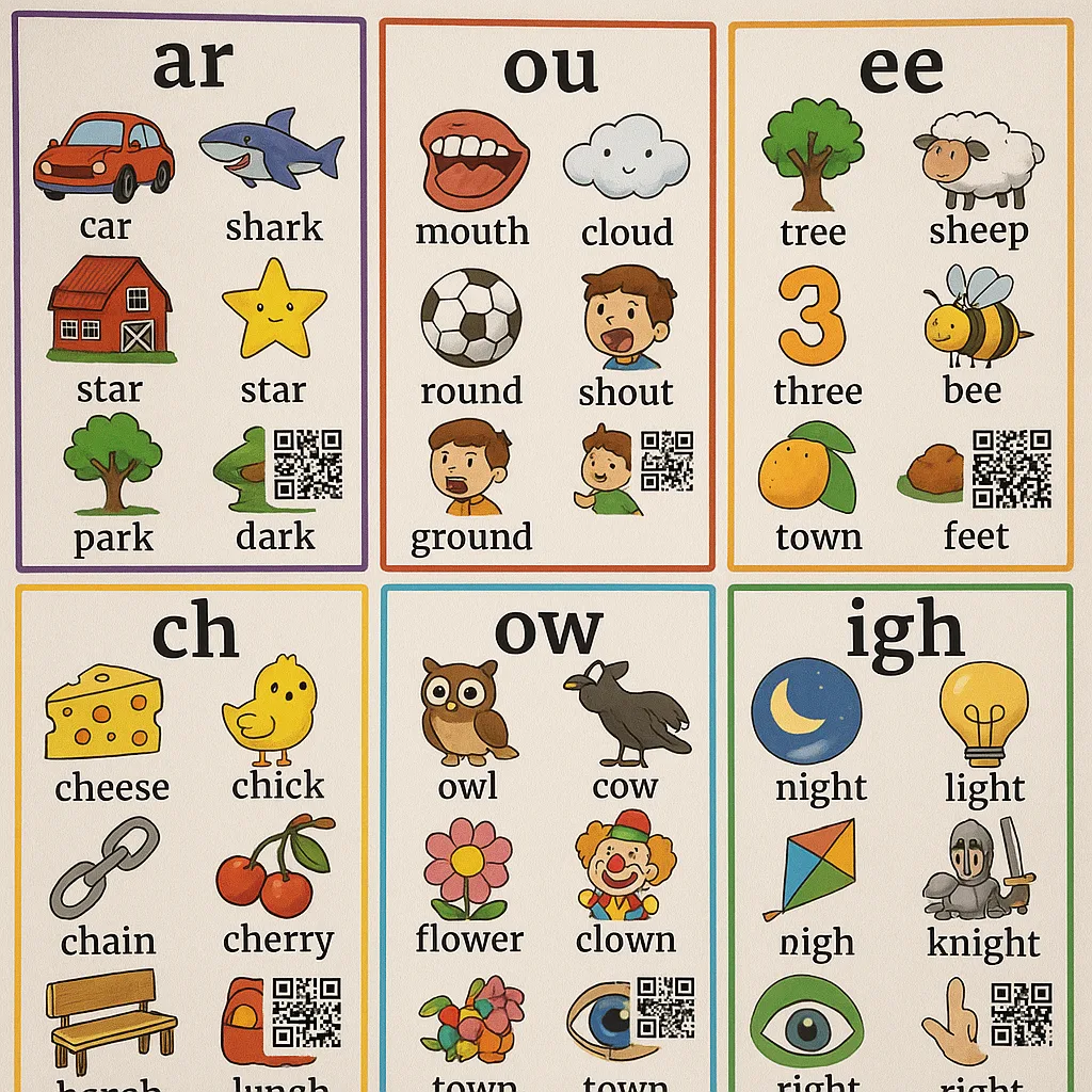 Close-up view of a professionally printed phonics wall letter combinations corresponding pictures. Each poster section displays 6-8 words grouped by sound patterns bright, child-friendly Close-up view of a professionally printed phonics wall letter combinations corresponding pictures. Each poster section displays 6-8 words grouped by sound patterns bright, child-friendly