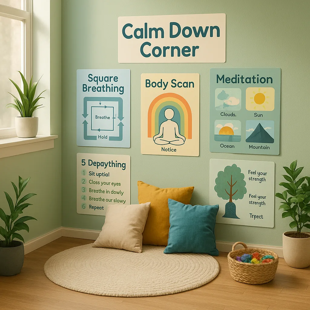 A serene classroom calm-down corner multiple colorful meditation and breathing exercise posters on soft green walls. Show a cozy reading nook pillows, a small rug, and 4-5 different visual