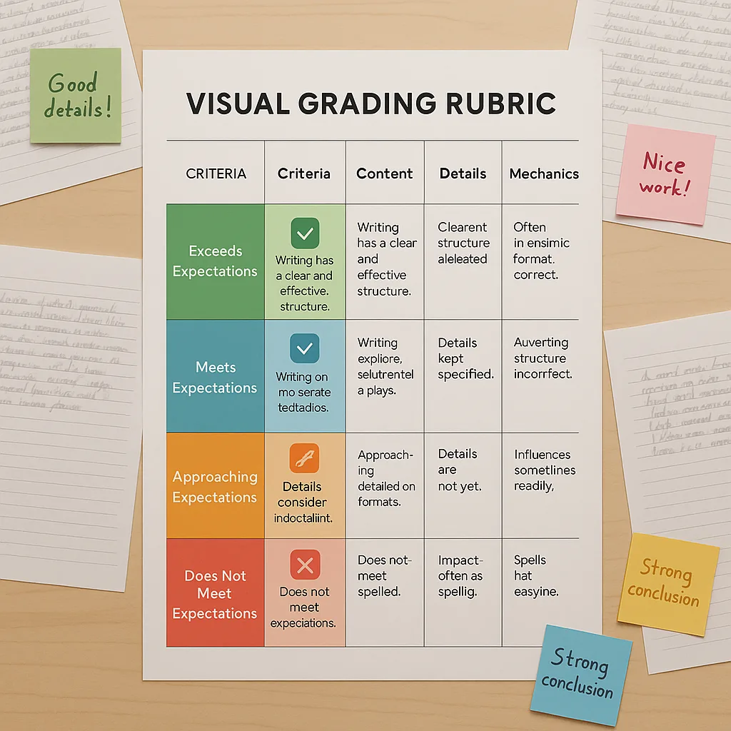 A close-up view of a beautifully designed visual grading rubric printed on a large poster. The rubric features a grid layout color-coded sections (green for exceeds, blue for meets, orange for A close-up view of a beautifully designed visual grading rubric printed on a large poster. The rubric features a grid layout color-coded sections (green for exceeds, blue for meets, orange for