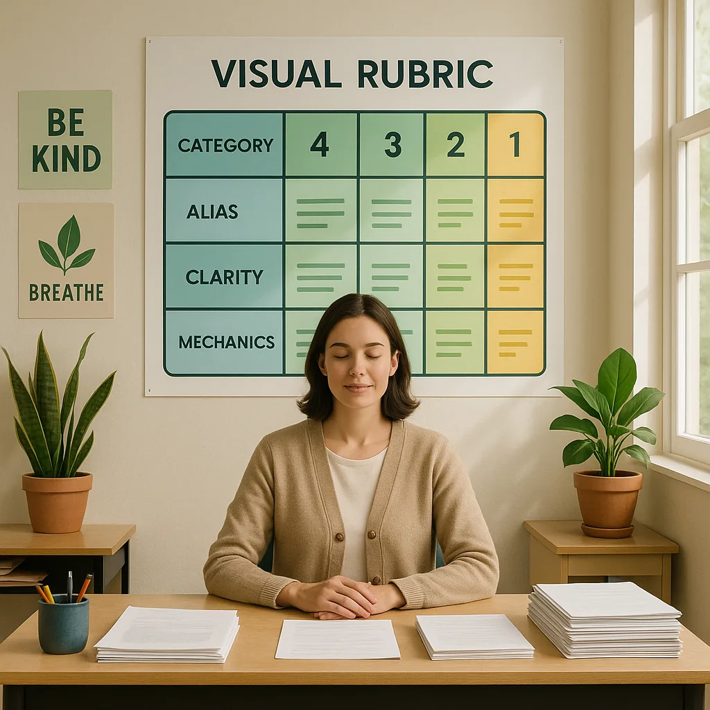 A serene classroom scene a teacher sitting calmly at a desk a large, colorful visual rubric poster displayed on the wall behind them. The rubric shows clear categories soothing green, blue, and