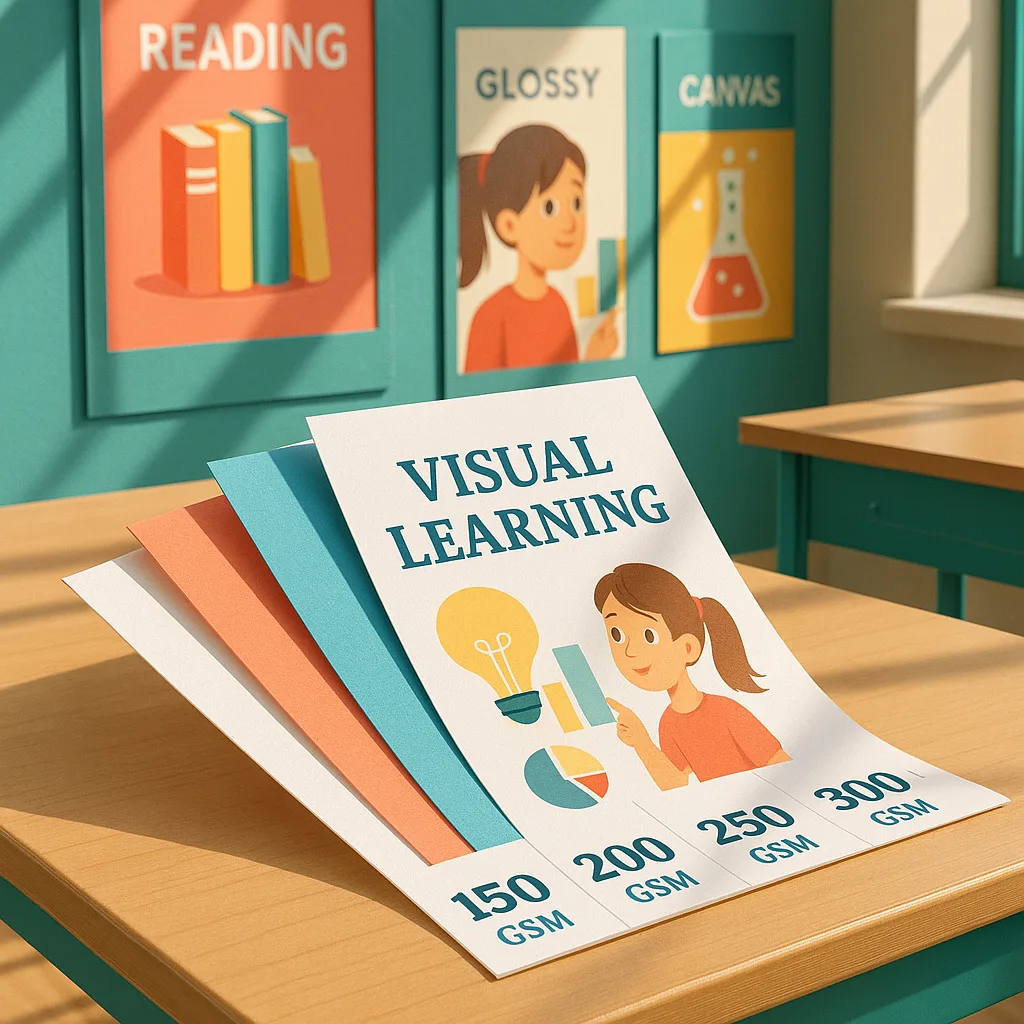 A bright, engaging educational scene various poster paper samples fanned out on a classroom desk. Include visible GSM labels on each sample, school posters in the background displaying different
