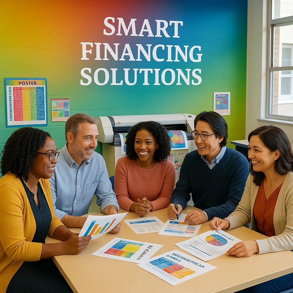 A bright, school office conference room diverse administrators and PTO members sitting around a table reviewing colorful financing documents and payment plan charts. Include a poster maker visible