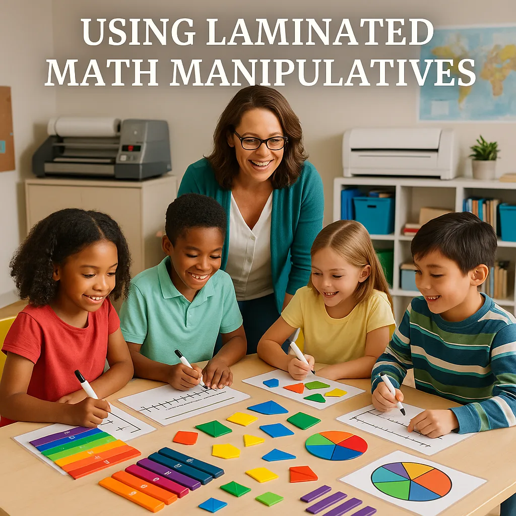 A bright, engaging classroom scene a teacher and diverse elementary students gathered around a table using colorful laminated math manipulatives. The image should show various math tools like