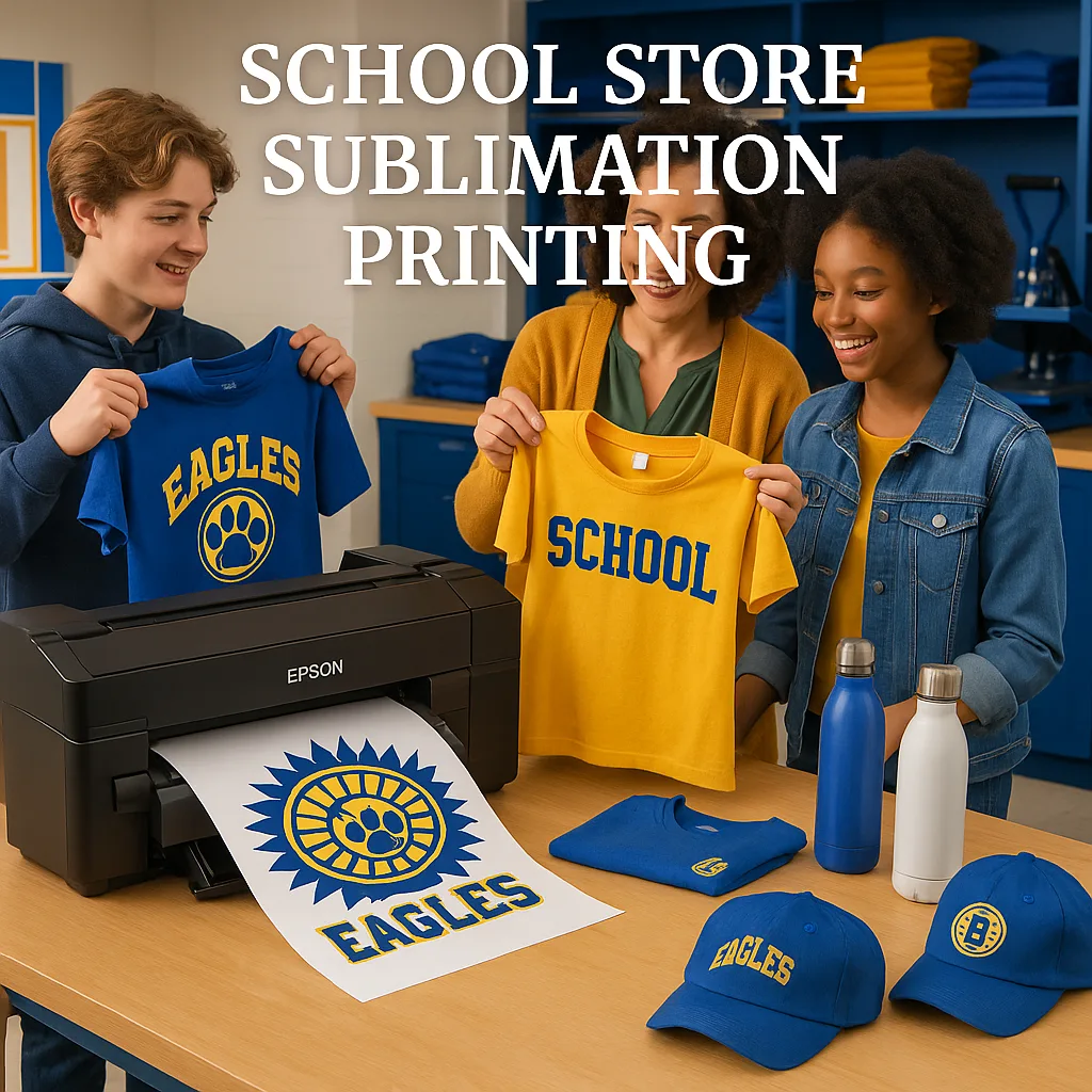 A bright, school store setting a large sublimation printer (similar to a wide-format poster printer) prominently displayed. Students and a teacher are examining colorful custom t-shirts, water