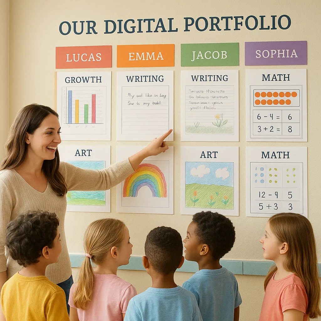 A bright, cheerful first-grade classroom wall displaying a colorful digital portfolio system multiple student work samples arranged in an organized grid pattern. The wall features rainbow-colored