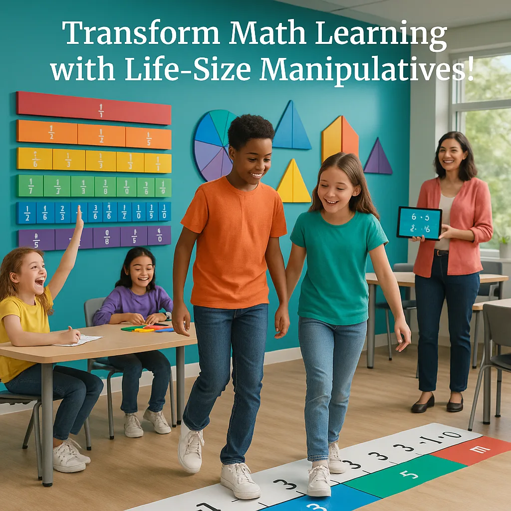 A vibrant, classroom scene middle school students actively engaged oversized math manipulatives. In the foreground, two students are walking along a colorful 20-foot floor number line (numbers