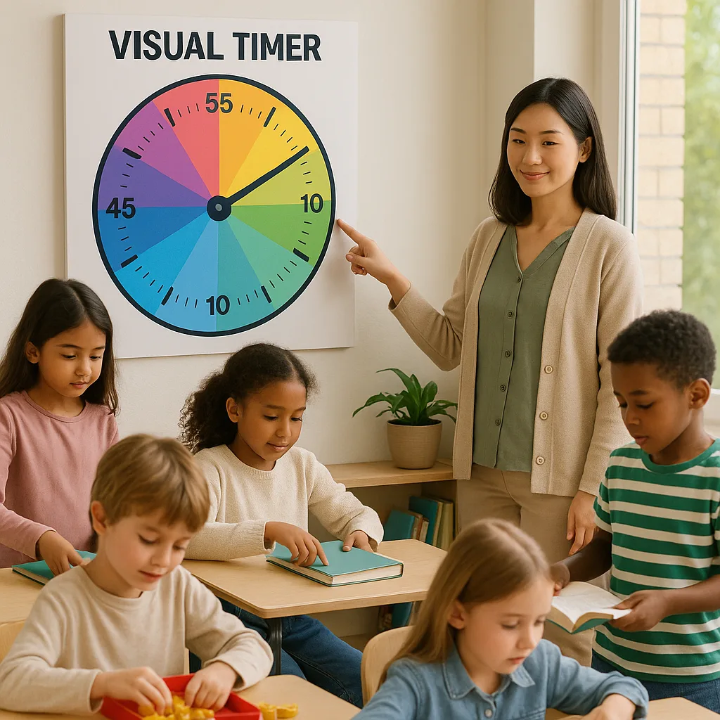 A calming classroom scene a large, colorful visual timer poster displayed prominently on the wall. The timer shows a rainbow gradient countdown circle 10 minutes remaining. In the foreground,
