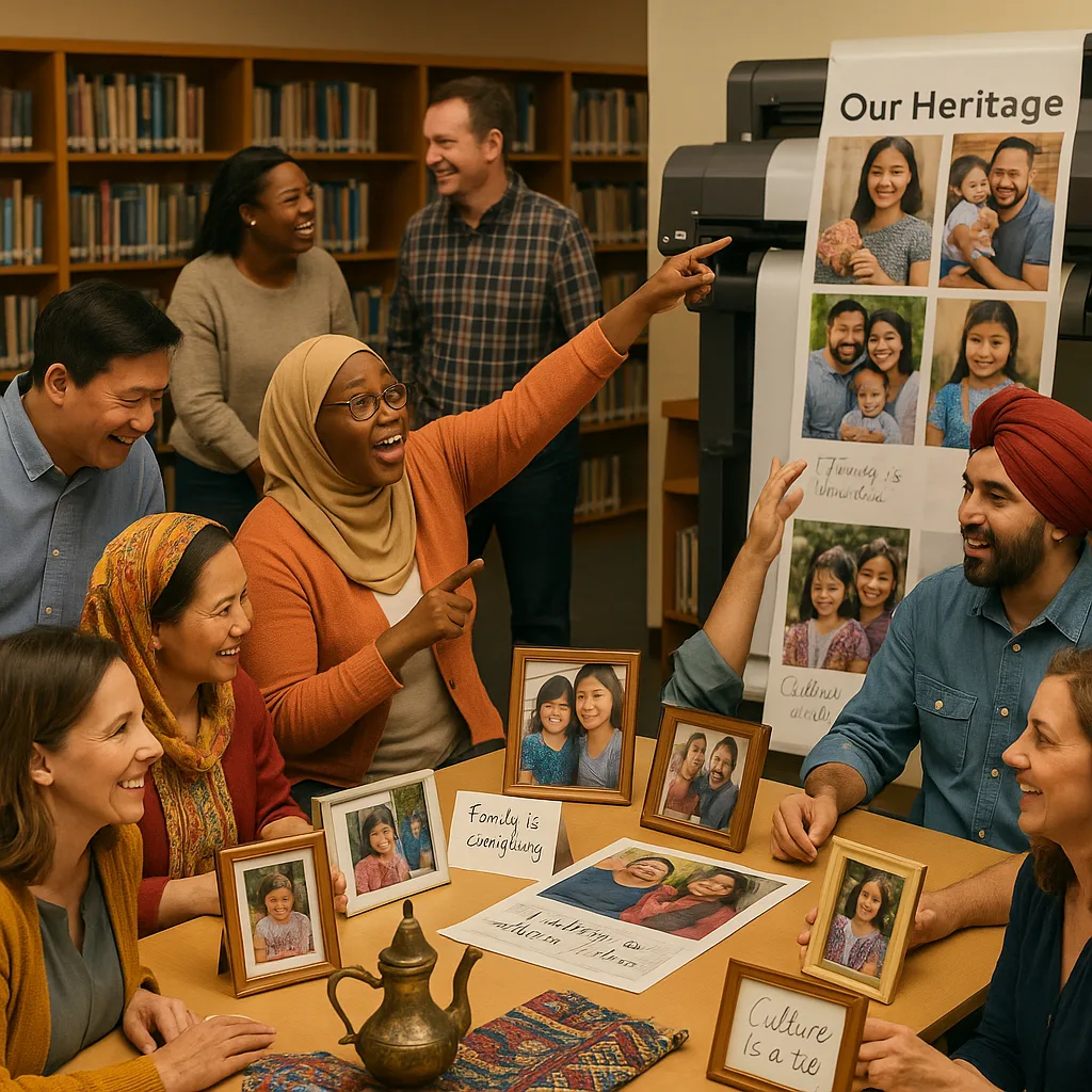 A community gathering in a school library where parents and family members from diverse cultural backgrounds are sharing photos, artifacts, and stories teachers. Tables display cultural items, A community gathering in a school library where parents and family members from diverse cultural backgrounds are sharing photos, artifacts, and stories teachers. Tables display cultural items,