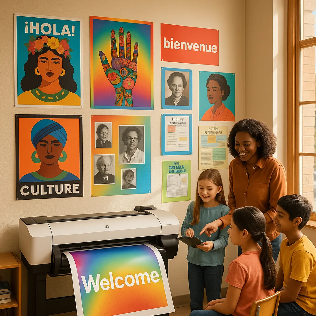 A vibrant, warmly-lit classroom corner showcasing a diverse cultural display wall created a school poster printer. The wall features professional-quality posters representing multiple cultures