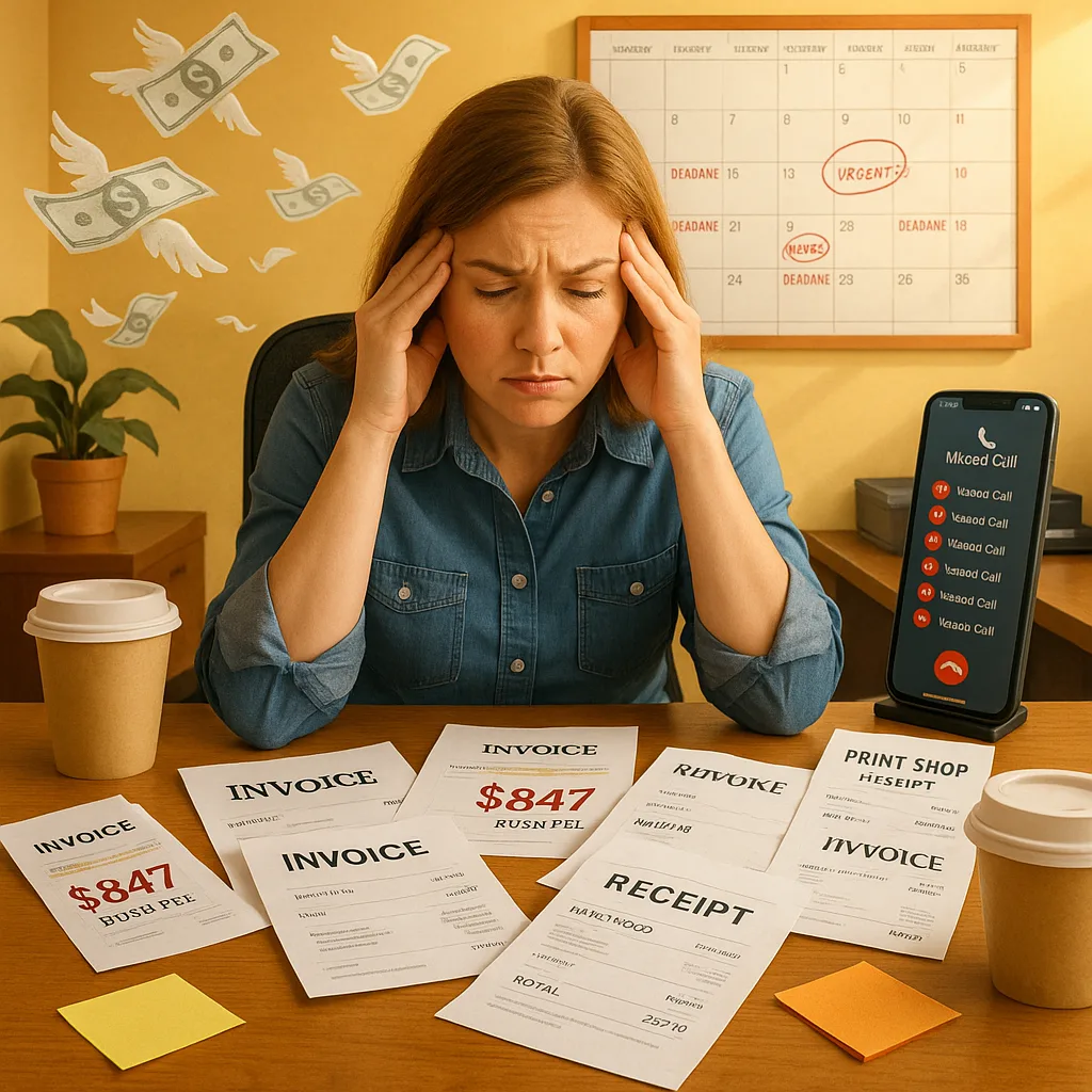 A bright, school office scene a frustrated administrator at a desk covered in invoices and print shop receipts. In the background, show a calendar urgent deadlines marked and a phone multiple
