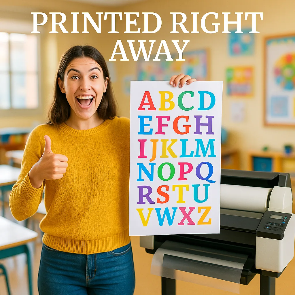 A bright, cheerful classroom scene a young, enthusiastic female teacher (early 20s, casual teacher attire) standing next to a large poster printer machine (school poster maker). She's holding up a