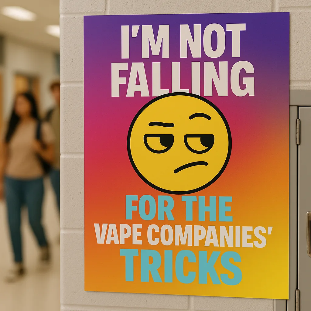 A close-up shot of a student-designed anti-vaping poster graphic design elements, bold typography, gradient colors, and a meme-style format. The poster should incorporate popular social media A close-up shot of a student-designed anti-vaping poster graphic design elements, bold typography, gradient colors, and a meme-style format. The poster should incorporate popular social media