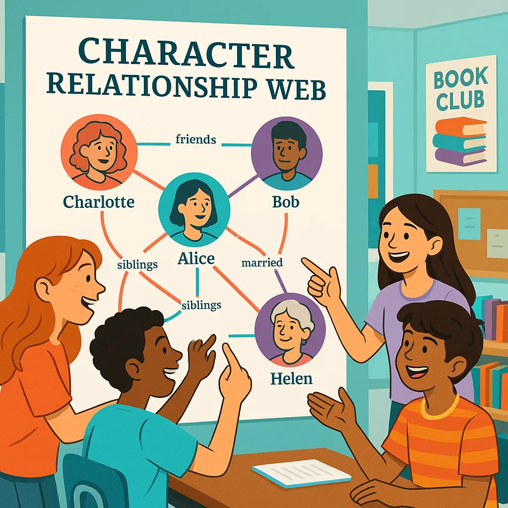 A vibrant, classroom scene middle school students gathered around a large, colorful character relationship web poster they've created for a book club discussion. The poster should display