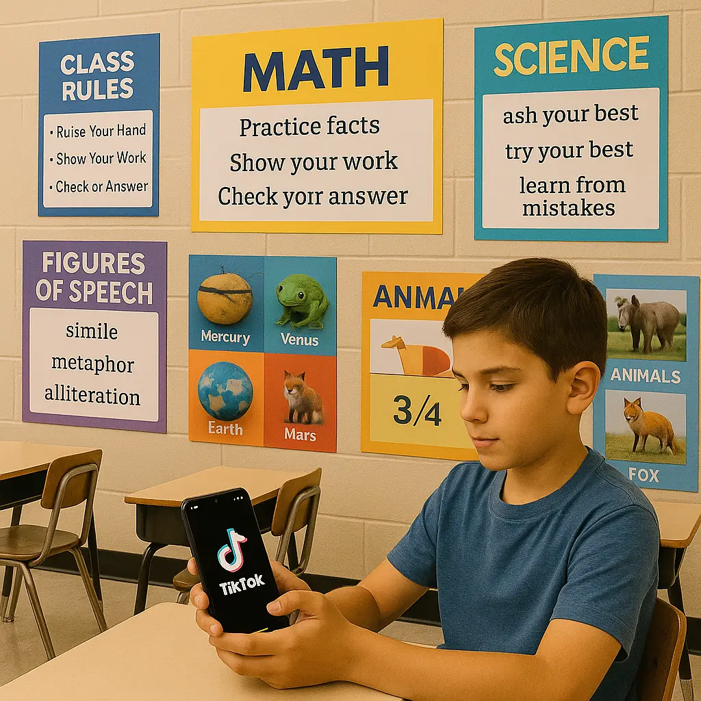 Elementary student browsing TikTok on his phone in a classroom decorated with colorful educational posters on math, science, animals, and language