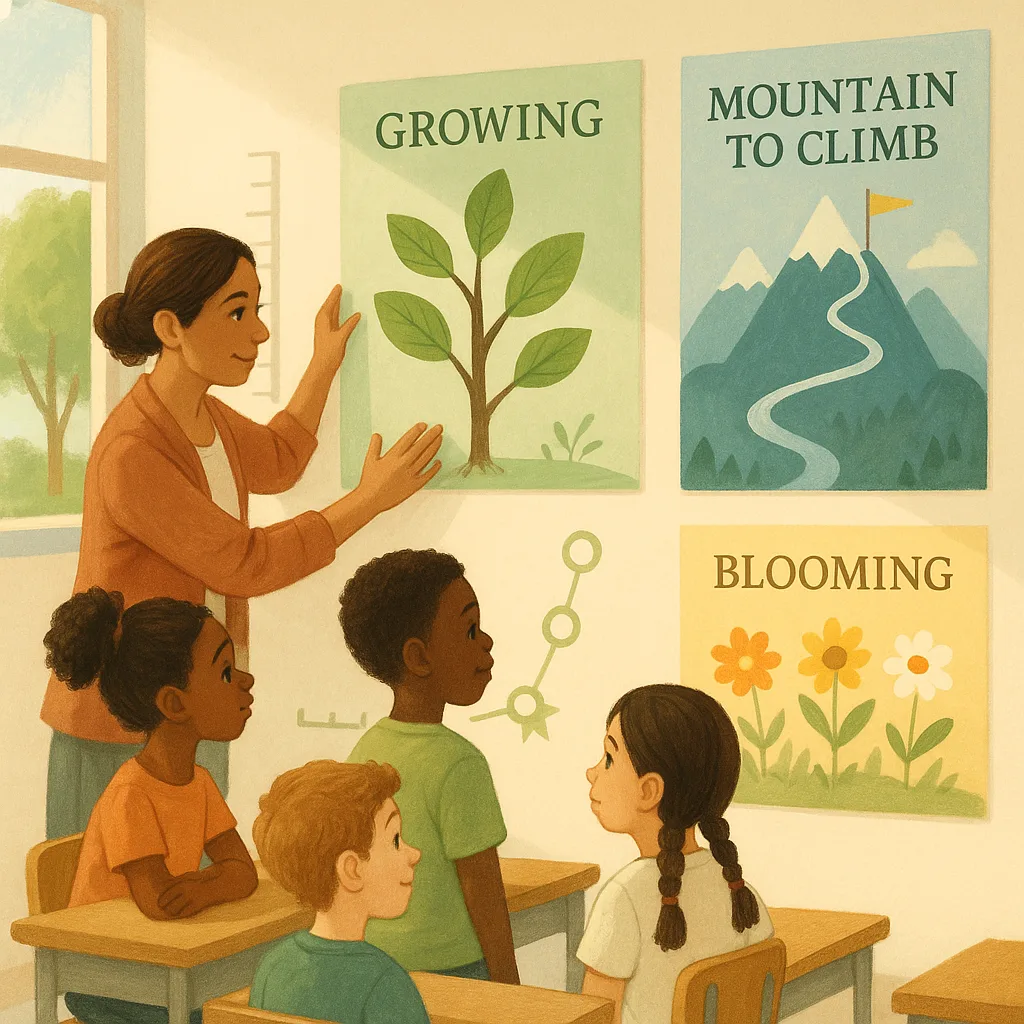 A bright, calming classroom scene a teacher arranging colorful progress display boards on a wall. The boards should feature nature-inspired designs (trees growing, mountains to climb, gardens