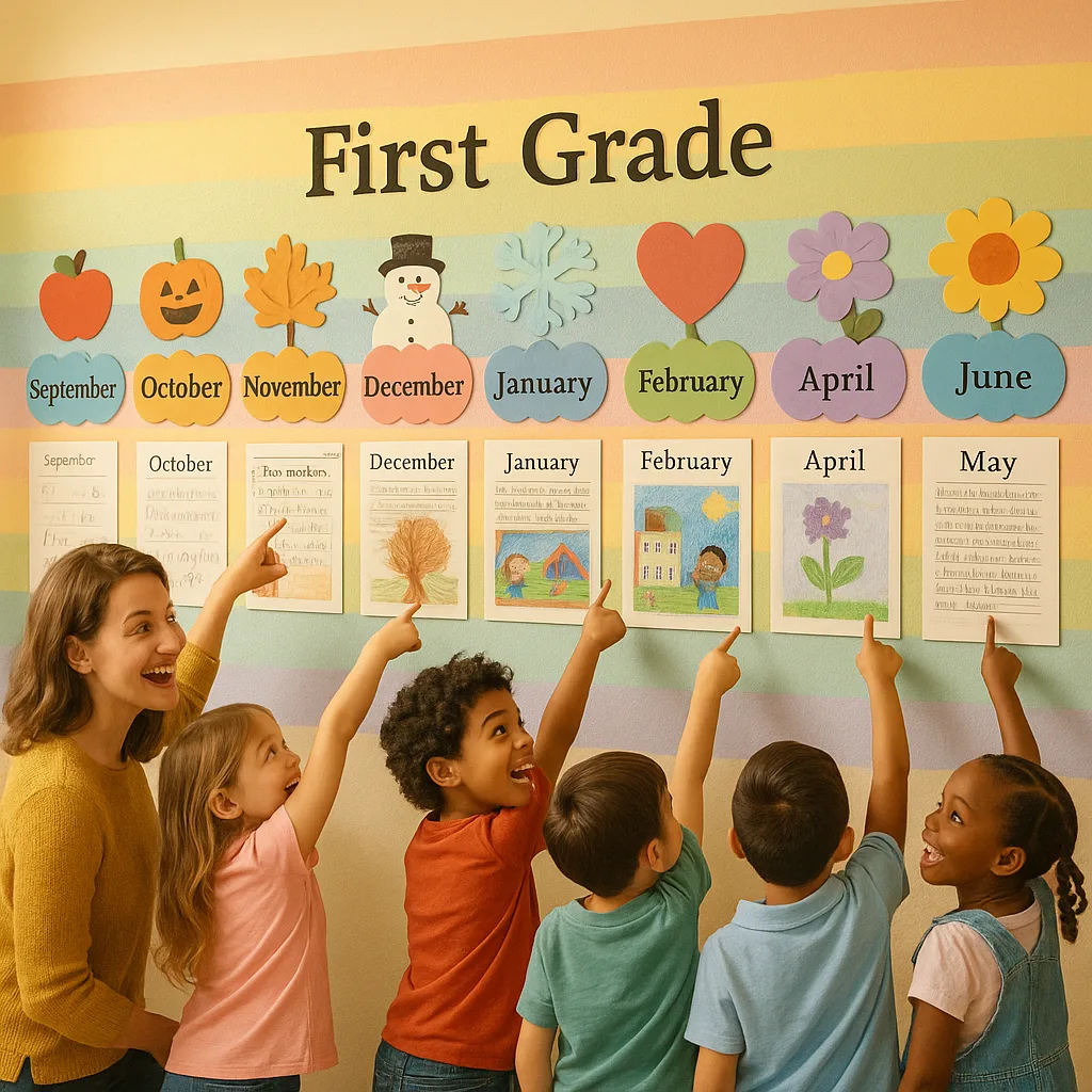 A bright, cheerful first-grade classroom wall displaying a colorful timeline of student progress posters from September to June. The posters show gradual improvement in handwriting, artwork, and