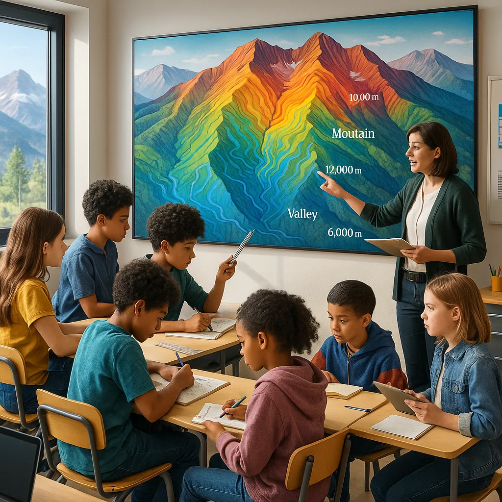 A vibrant, wide-angle photograph of a middle school classroom in a mountain state setting. The scene shows diverse students aged 11-14 gathered around a massive wall-mounted topographical poster
