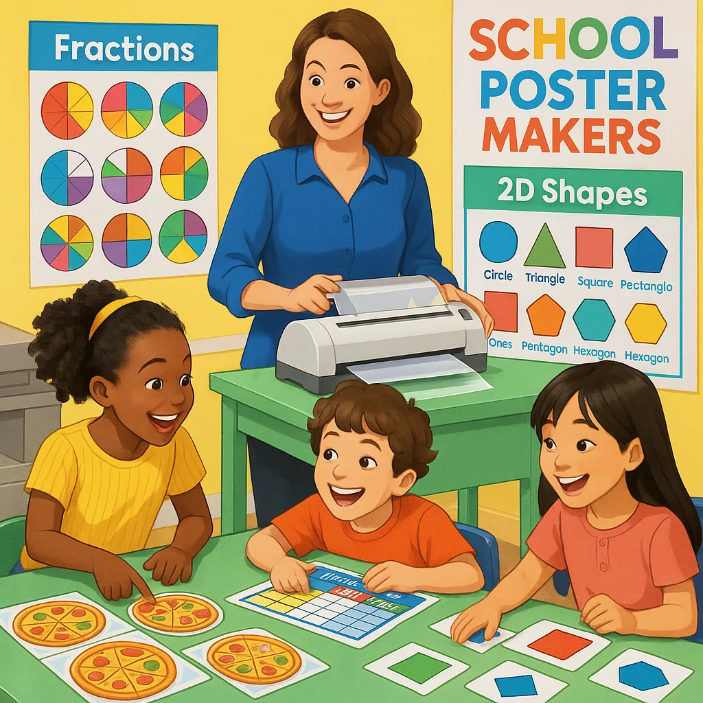 A bright, colorful classroom scene a teacher and three diverse elementary students gathered around a math center table. The table displays various laminated math games colorful fraction pizzas,
