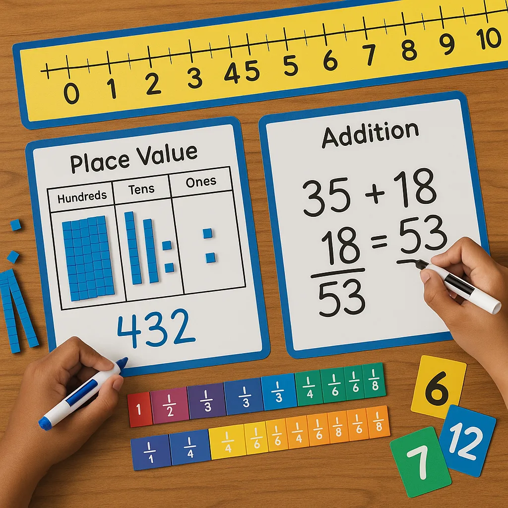 A close-up overhead shot of hands using dry-erase markers on laminated math game boards. Show various math manipulatives base-ten blocks, fraction tiles, and number cards arranged on a wooden