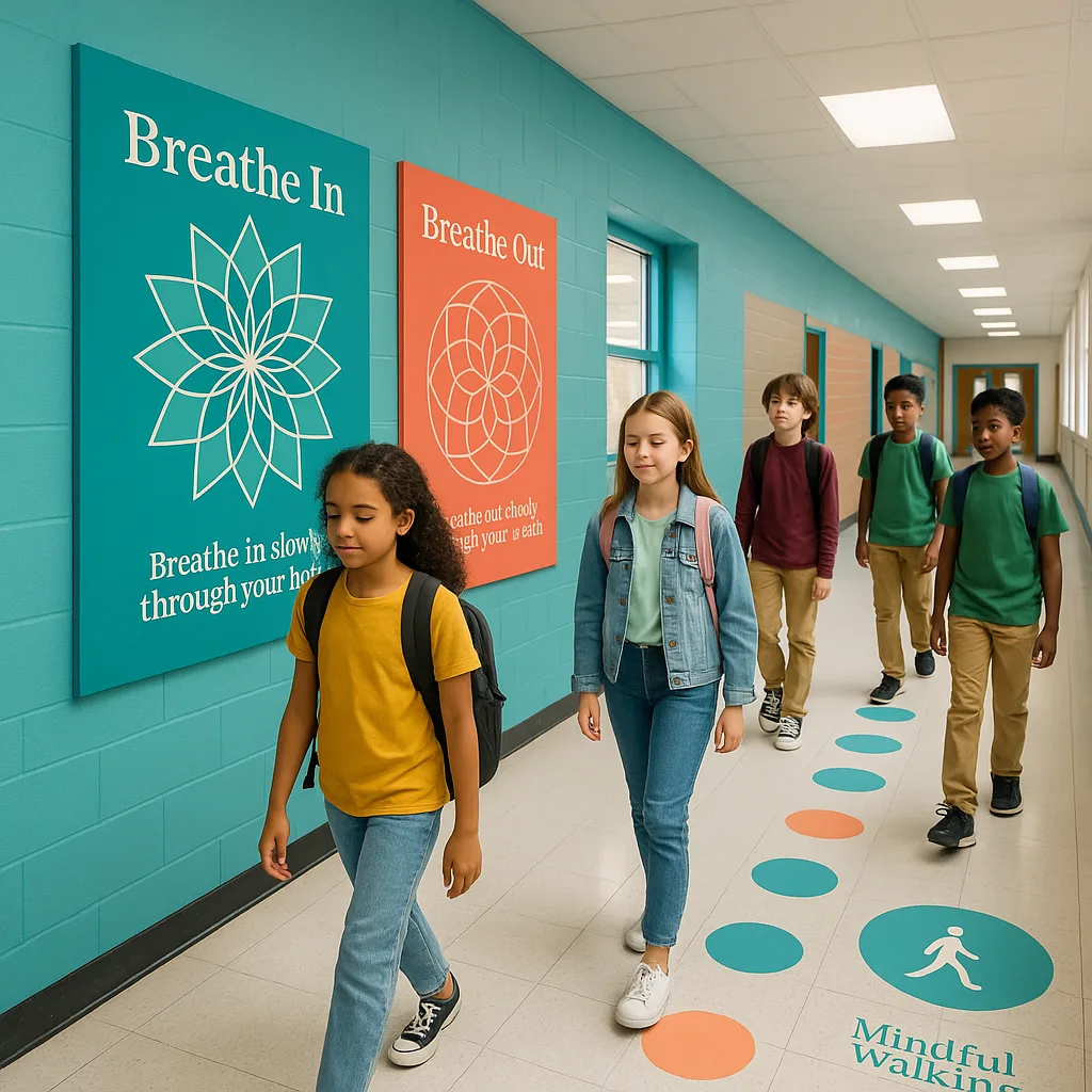 A vibrant, calming middle school hallway strategically placed mindfulness posters at eye level. The scene shows diverse middle school students (ages 11-13) walking calmly through a well-lit