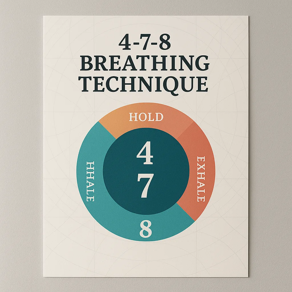 Close-up of a professionally printed mindfulness poster a 4-7-8 breathing technique visualization. The poster features a large circular diagram color gradients from teal to coral, indicating Close-up of a professionally printed mindfulness poster a 4-7-8 breathing technique visualization. The poster features a large circular diagram color gradients from teal to coral, indicating