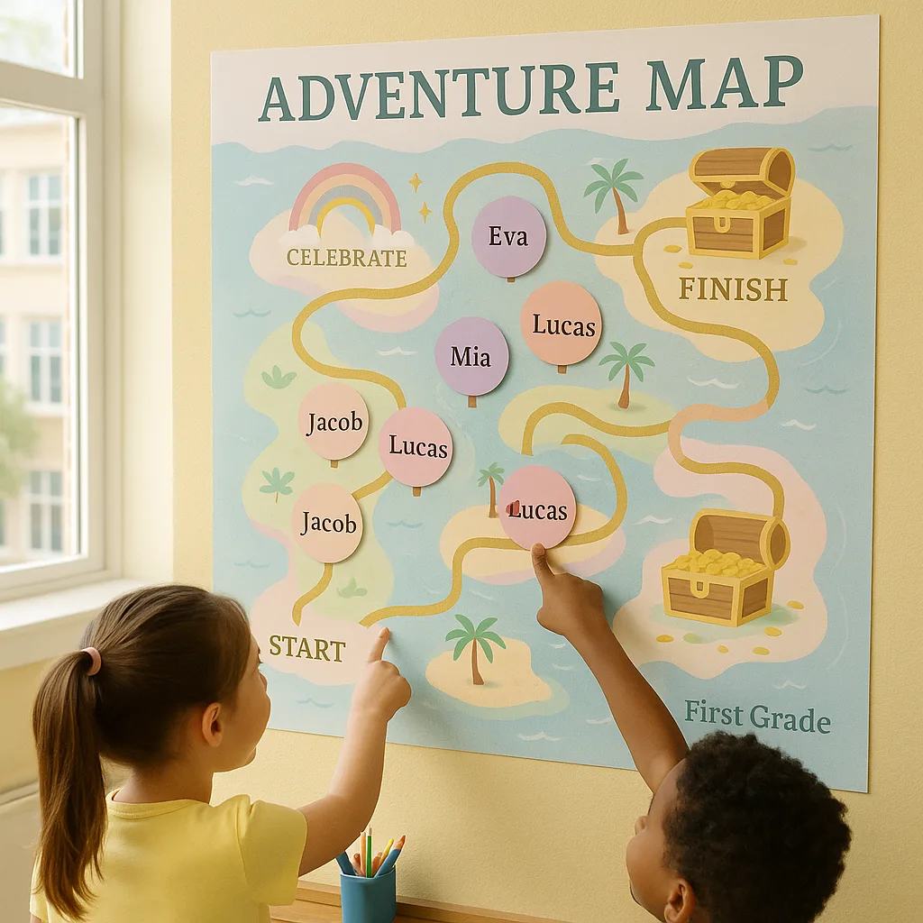 A bright, cheerful classroom wall a large colorful adventure map poster winding paths, milestone markers, treasure chests, and student name tags moving along the journey. The map should have a