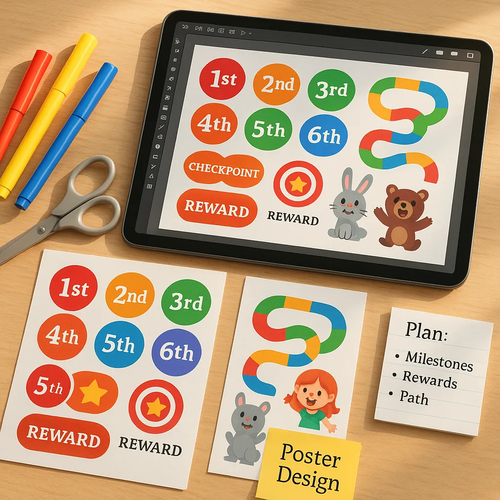 A close-up view of poster design elements laid out on a teacher’s desk, colorful milestone badges, reward checkpoint icons, path designs, and character stickers. Show a tablet displaying design Attendance map components