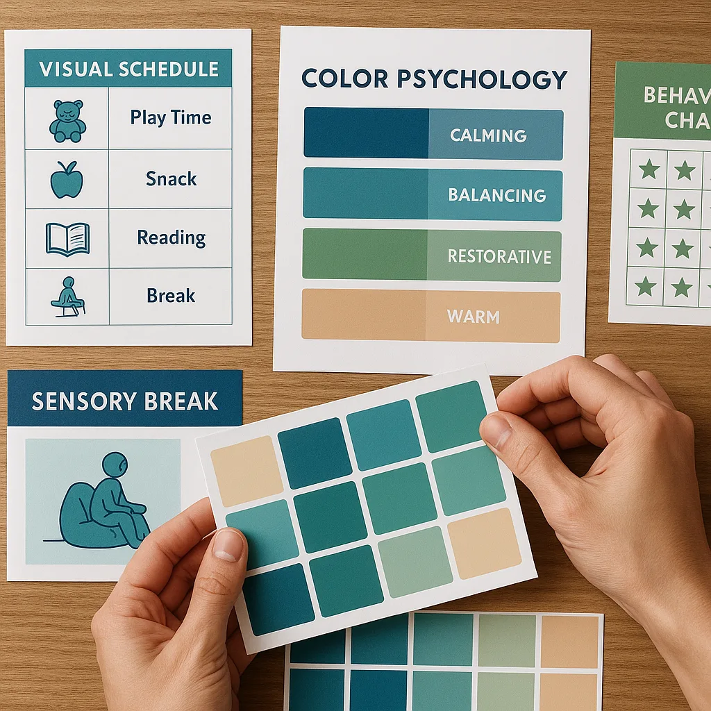 A close-up photograph of hands arranging color psychology swatches next to printed visual support materials. Show various shades of blues, greens, and warm neutrals laid out systematically, sample