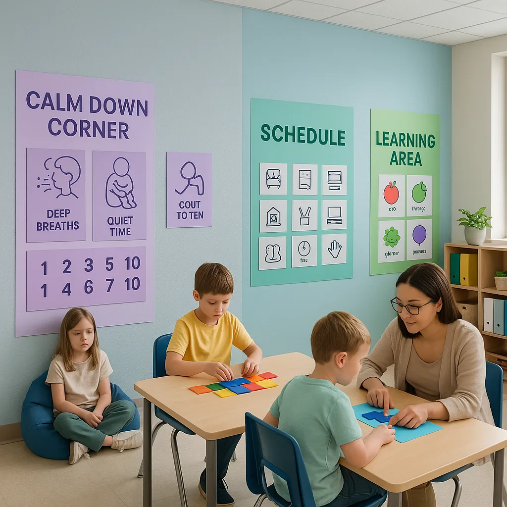 A serene special education classroom soft blue and green wall displays created a poster printer. The image shows various zones a calm-down corner lavender posters, a learning area teal visual