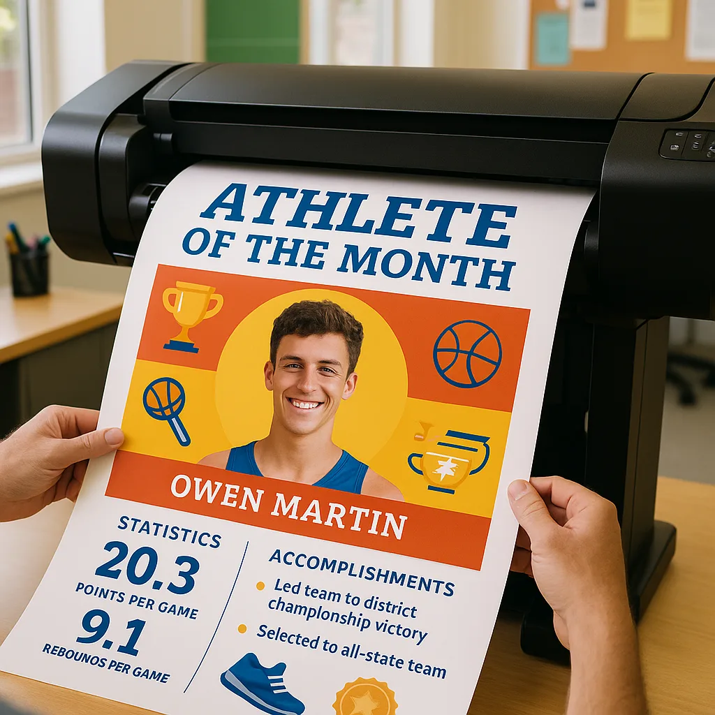 A close-up photograph a poster printer machine in a school setting producing a large, colorful athletic achievement poster. The image should show the poster emerging from the printer graphics A close-up photograph a poster printer machine in a school setting producing a large, colorful athletic achievement poster. The image should show the poster emerging from the printer graphics
