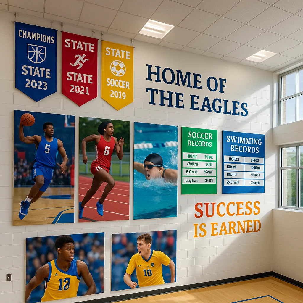 A vibrant, wide-angle photograph of a school gymnasium wall a professionally designed athletic achievement display. The wall showcases colorful championship banners, action photos of diverse