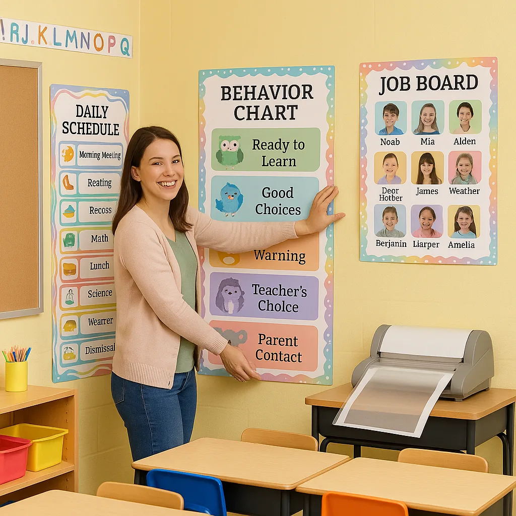 A bright, cheerful first-grade classroom a young female teacher (Sarah) arranging colorful visual management posters on the walls. Include visible behavior charts fun animal themes, a job board