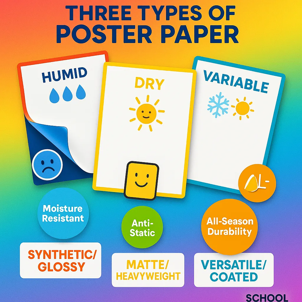 An infographic-style image three types of poster paper samples arranged in a fan pattern, each labeled climate icons (raindrops for humid, sun for dry, snowflake/sun combo for variable). Each Climate effects on classroom posters showing humidity damage