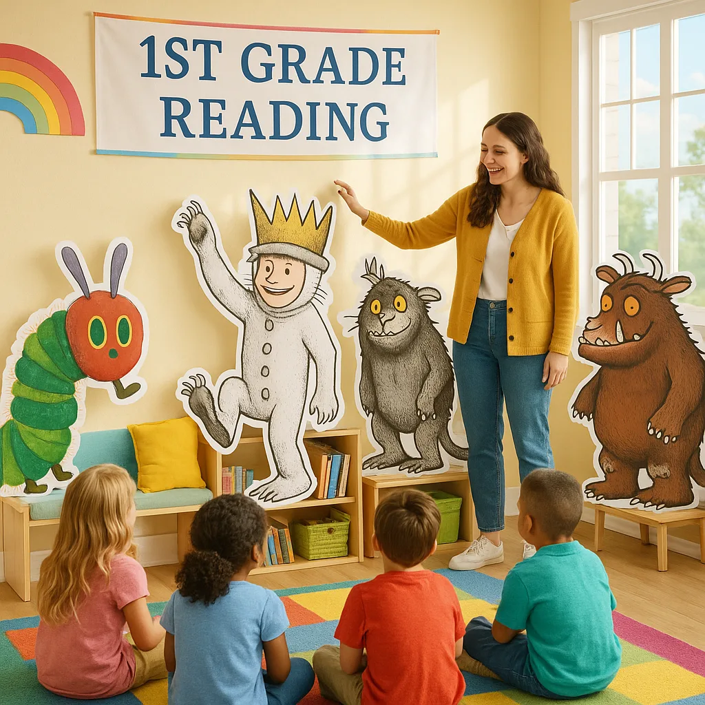 A bright, cheerful classroom scene life-size character cutouts from popular children's books like The Very Hungry Caterpillar, Where the Wild Things Are, and The Gruffalo positioned around a cozy