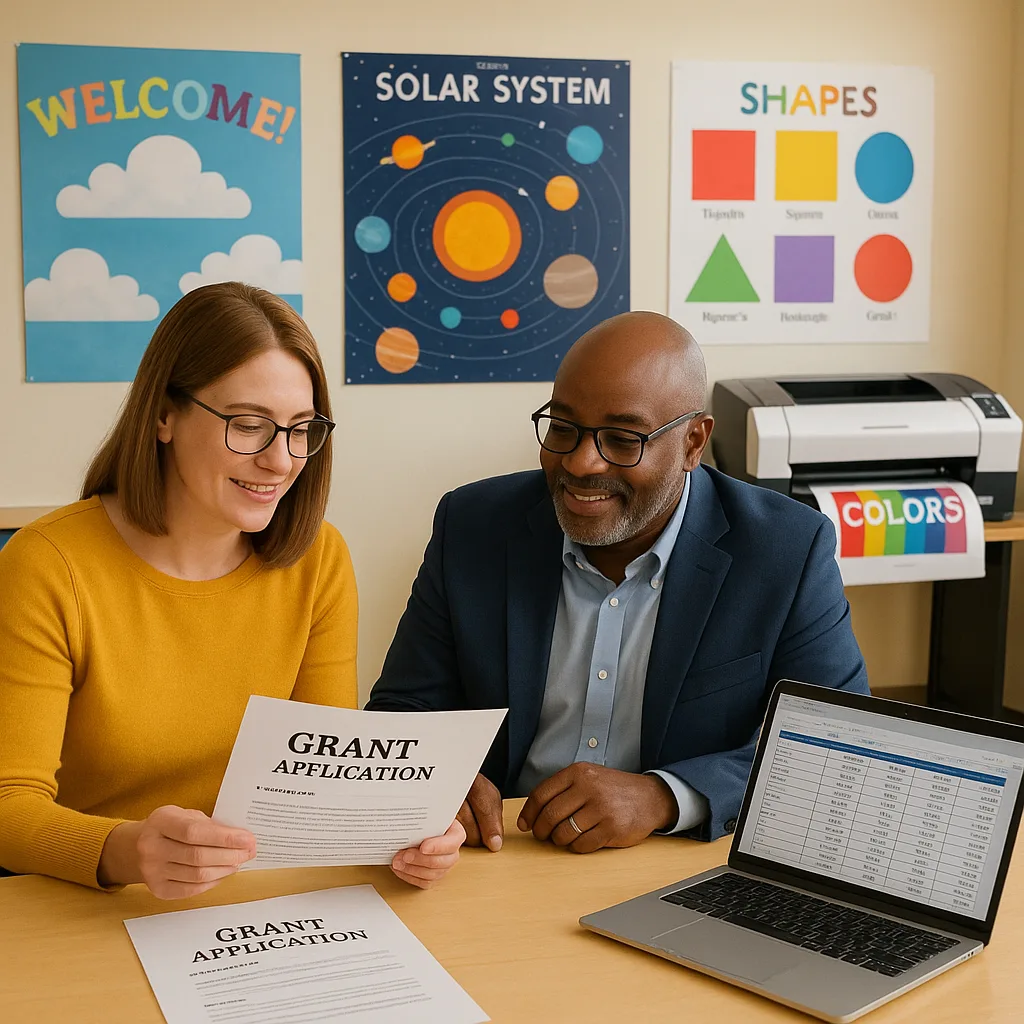 A bright, classroom setting a teacher and administrator reviewing grant documents at a desk. In the background, a large-format poster printer (school poster maker) is visible producing colorful