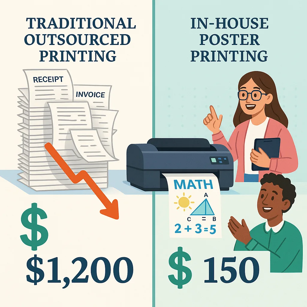 An infographic-style image a cost comparison chart. Left side shows traditional outsourced printing costs receipts and invoices stacked high. Right side shows in-house poster printing a poster An infographic-style image a cost comparison chart. Left side shows traditional outsourced printing costs receipts and invoices stacked high. Right side shows in-house poster printing a poster
