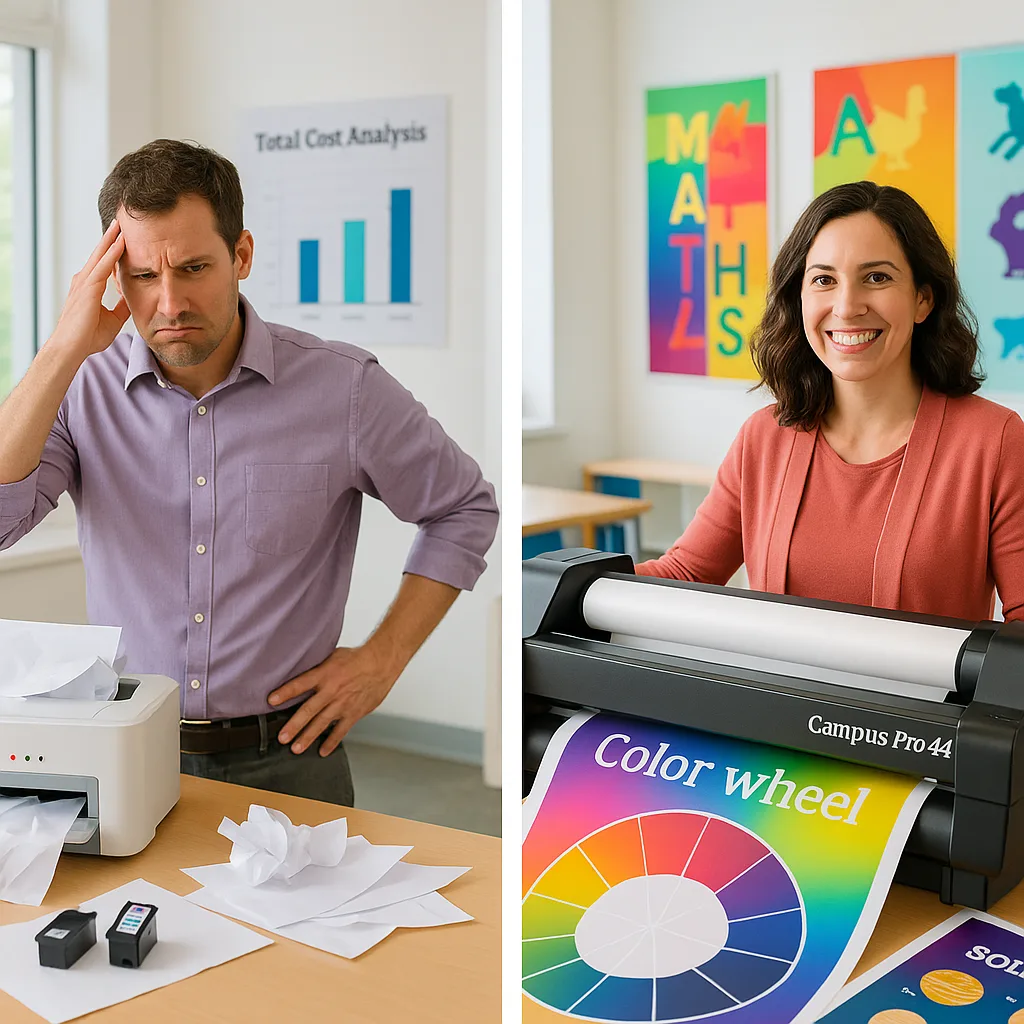 A vibrant, photograph a side-by-side comparison in a bright, school setting. On the left, a frustrated teacher stands next to a small, broken desktop printer jammed paper and error lights,