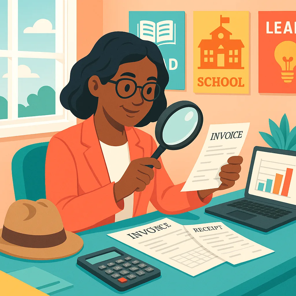 A bright, office scene a school administrator at a desk a magnifying glass examining invoices and receipts. Multiple poster samples are visible in the background. The scene should include a