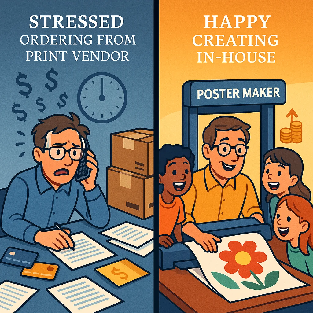 Split-screen comparison image two scenarios. Left side: A stressed teacher on the phone a print vendor, surrounded by paperwork, credit cards, and shipping boxes, a clock urgency. Right side: The Split-screen comparison image two scenarios. Left side: A stressed teacher on the phone a print vendor, surrounded by paperwork, credit cards, and shipping boxes, a clock urgency. Right side: The