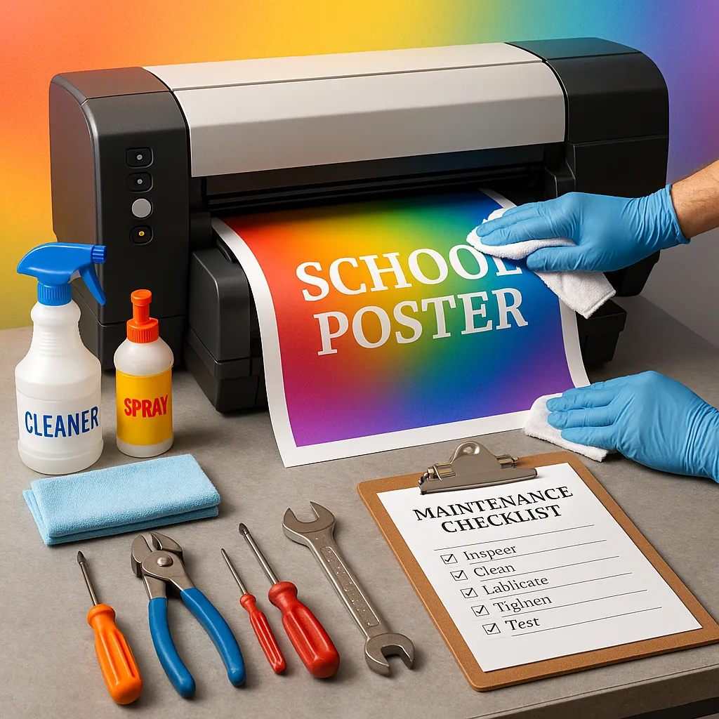 A bright, maintenance workspace a school poster printer being carefully cleaned by gloved hands, organized maintenance tools, cleaning supplies, and a maintenance checklist visible on a clipboard